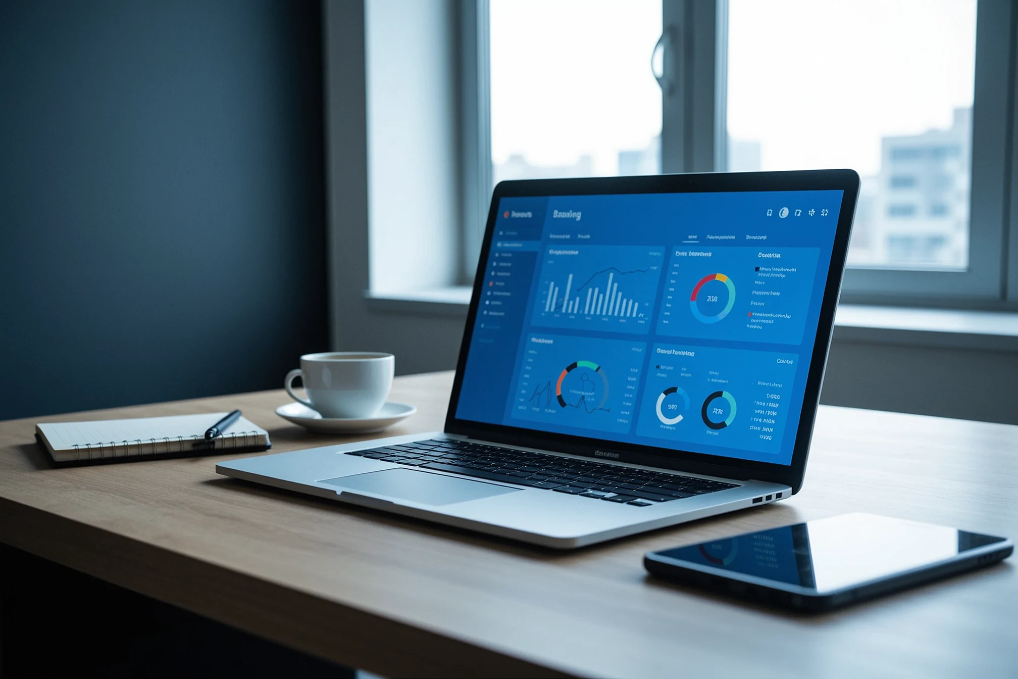 Net Cash: panel de banca empresarial abierto en una laptop de oficina
